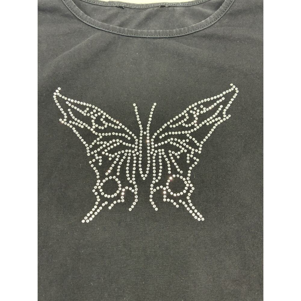 Y2K Rhinestone Butterfly Crop Top Womens S McBling Babydoll Tee Cute Mall Goth - Picture 3 of 5